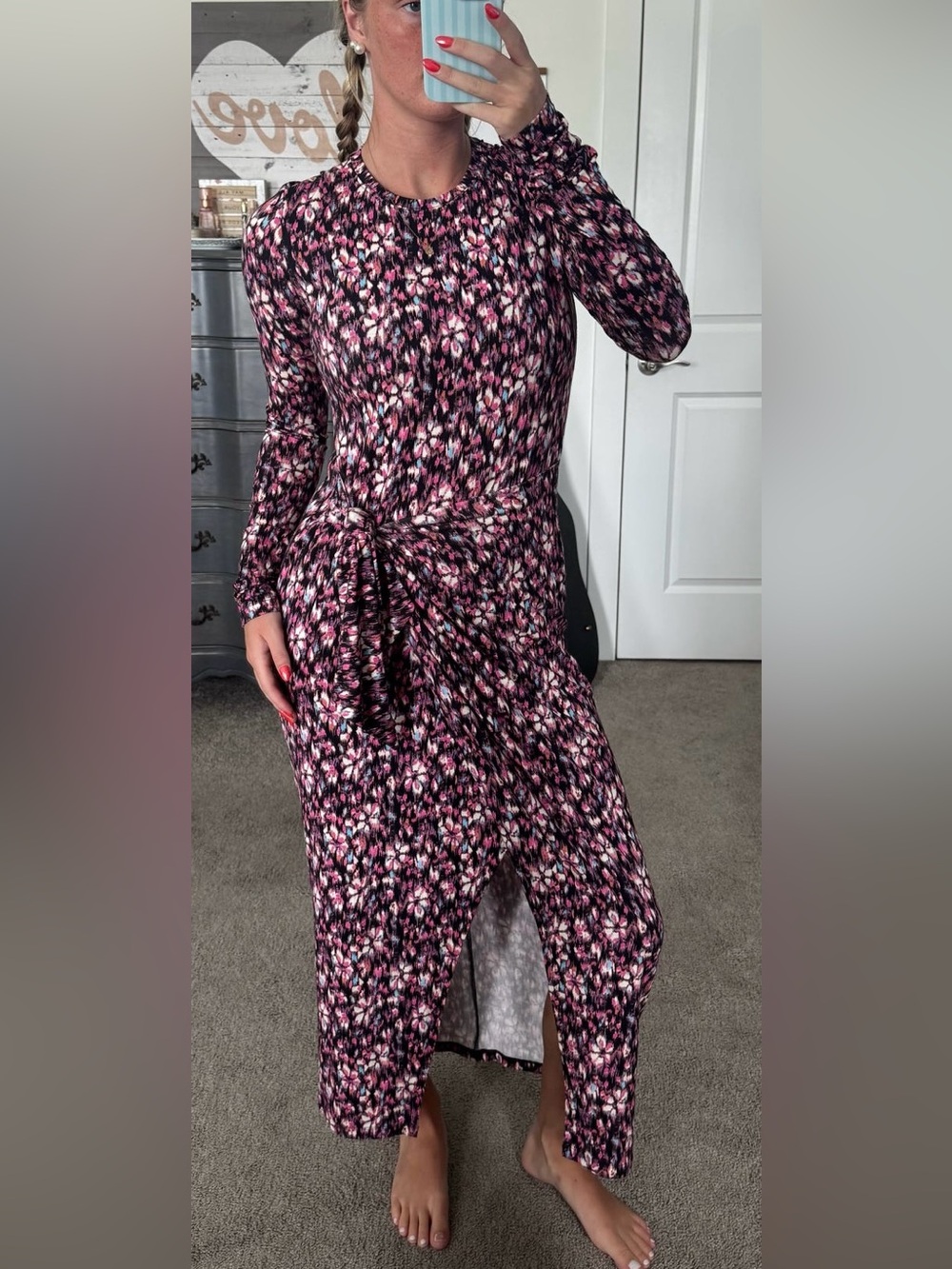 Retail $590 Long Sleeve Pink Floral Midi Dress with Tie Waist